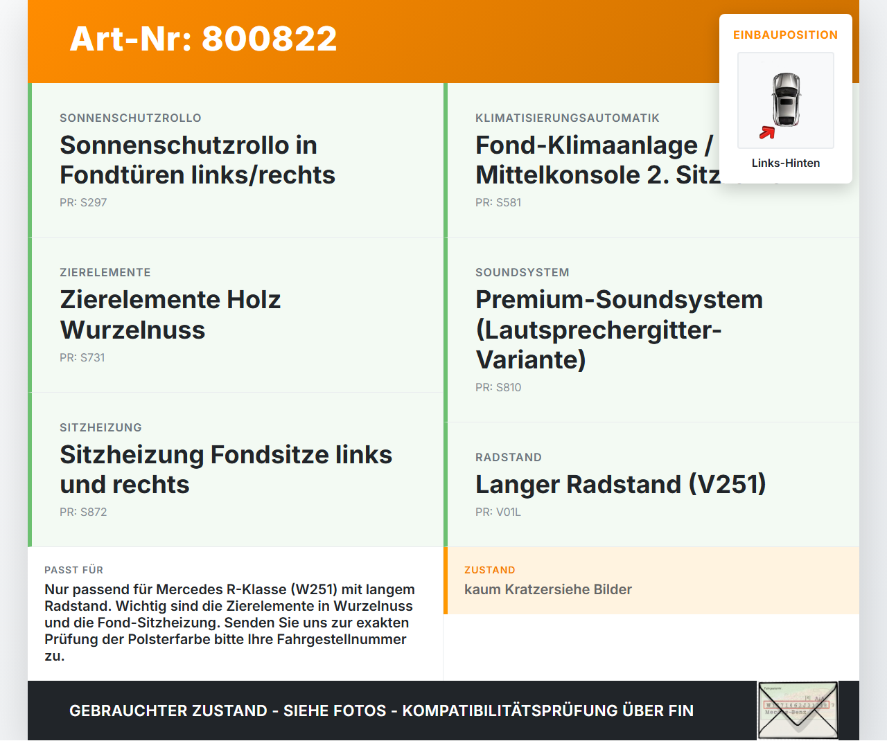 Mercedes R320 W251 06-10 Lang Türverkleidung Türpappe Links Hinten Mercedes R320 W251 06-10 04.07.2006 gebraucht Vorschau 3