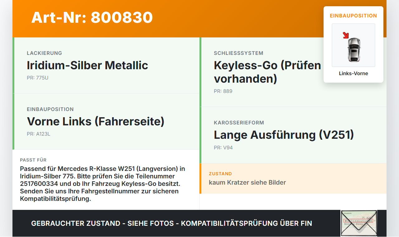 Mercedes R320 W251 06-10 Lang Türgriff Griff aussen Links Vorne 775 Mercedes R320 W251 06-10 04.07.2006 A2517600334... Vorschau 3