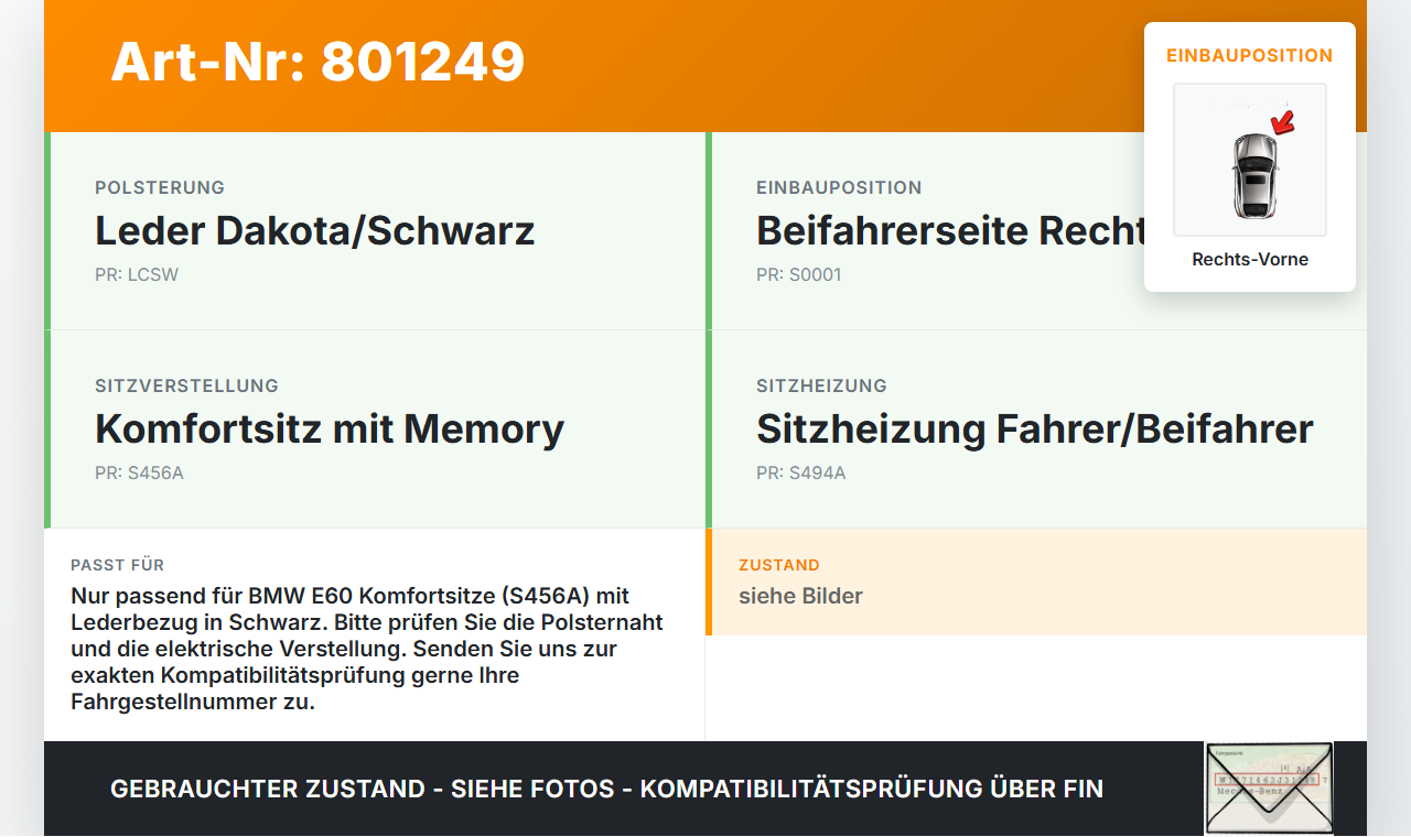 BMW E60 530d 5er 04-07 3,0d 160KW Kniekehlenkissen für Beifahrer- Sitz Rechts Vorne beheizt Leder Schwarz BMW E60... Vorschau 3