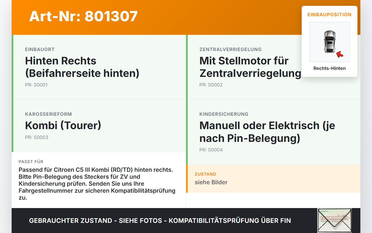 Citroen C5 III RD TD 08-12 Kombi Türschloss m. ZV Stellmotor Rechts Hinten Citroen C5 III RD TD 08-12 01.05.2011... Vorschau 3