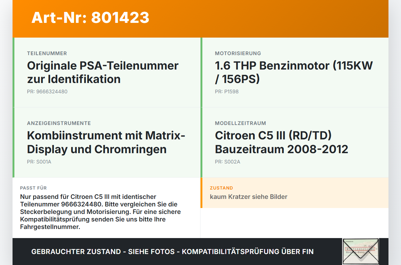 Citroen C5 III RD TD 08-12 1,6 115KW Kombiinstrument Tacho Citroen C5 III RD TD 08-12 01.05.2011 9666324480 gebraucht Vorschau 3