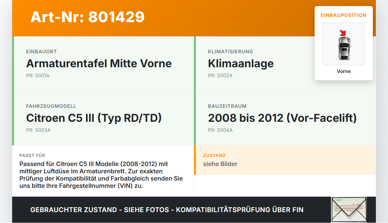 Citroen C5 III RD TD 08-12 Luftdusche Luftdüse Mitte Vorne Citroen C5 III RD TD 08-12 01.05.2011 gebraucht Vorschau 3