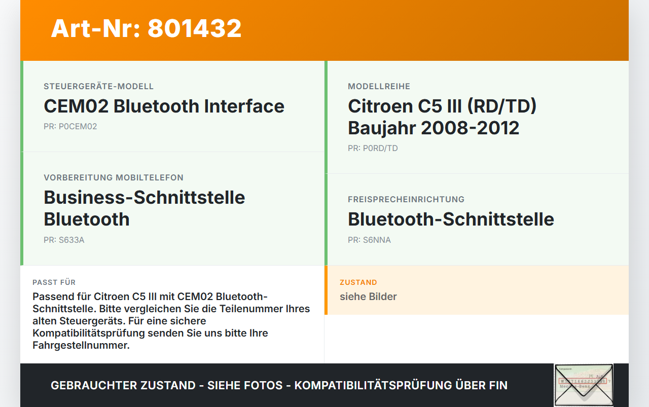 Citroen C5 III RD TD 08-12 Steuergerät SG V2 CEM02 Bluetooth Interface Citroen C5 III RD TD 08-12 01.05.2011... Vorschau 3