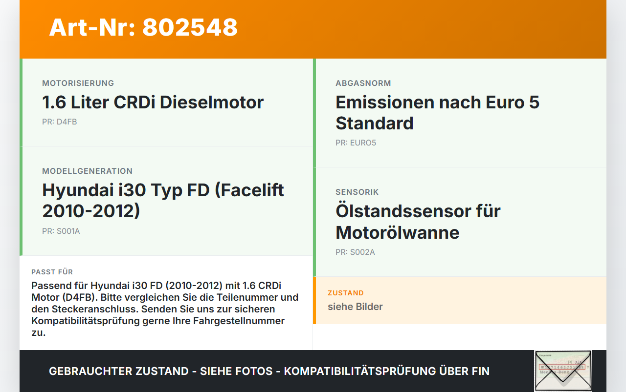 Hyundai I30 FD 10-12 CRDi 1,6  D4FB R89A Ölstandssensor Öl Sensor Ölsensor Hyundai I30 FD 10-12 27.10.2011... Vorschau 3