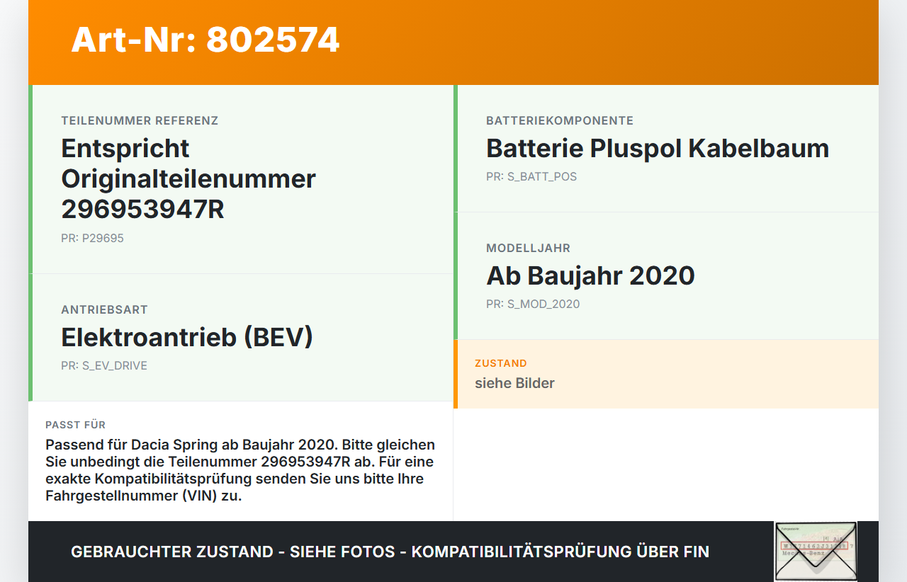 Dacia Spring BJ20 Kabelbaum für Batterie Plus Dacia Spring BJ20 01.02.2021 296953947R gebraucht Vorschau 3