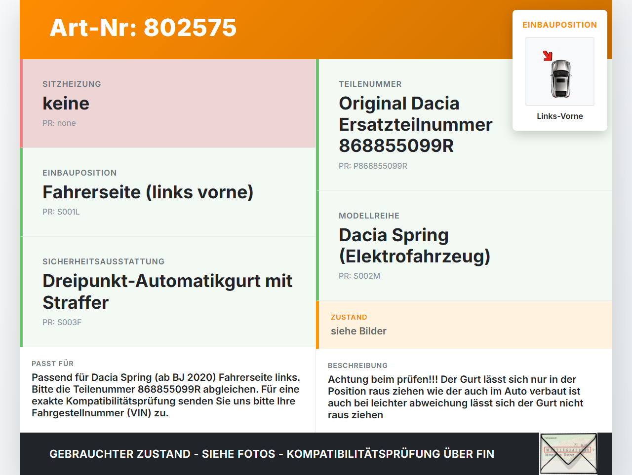 Dacia Spring BJ20 Gurt Sicherheitsgurt m. Gurtstraffer für Fahrer Links Vorne Dacia Spring BJ20 01.02.2021... Vorschau 3