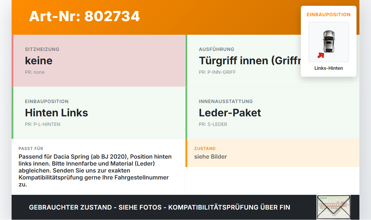 Dacia Spring BJ20 Türgriff Griffmuschel Griff Innen Links Hinten Dacia Spring BJ20 01.02.2021 826735281R gebraucht Vorschau 3