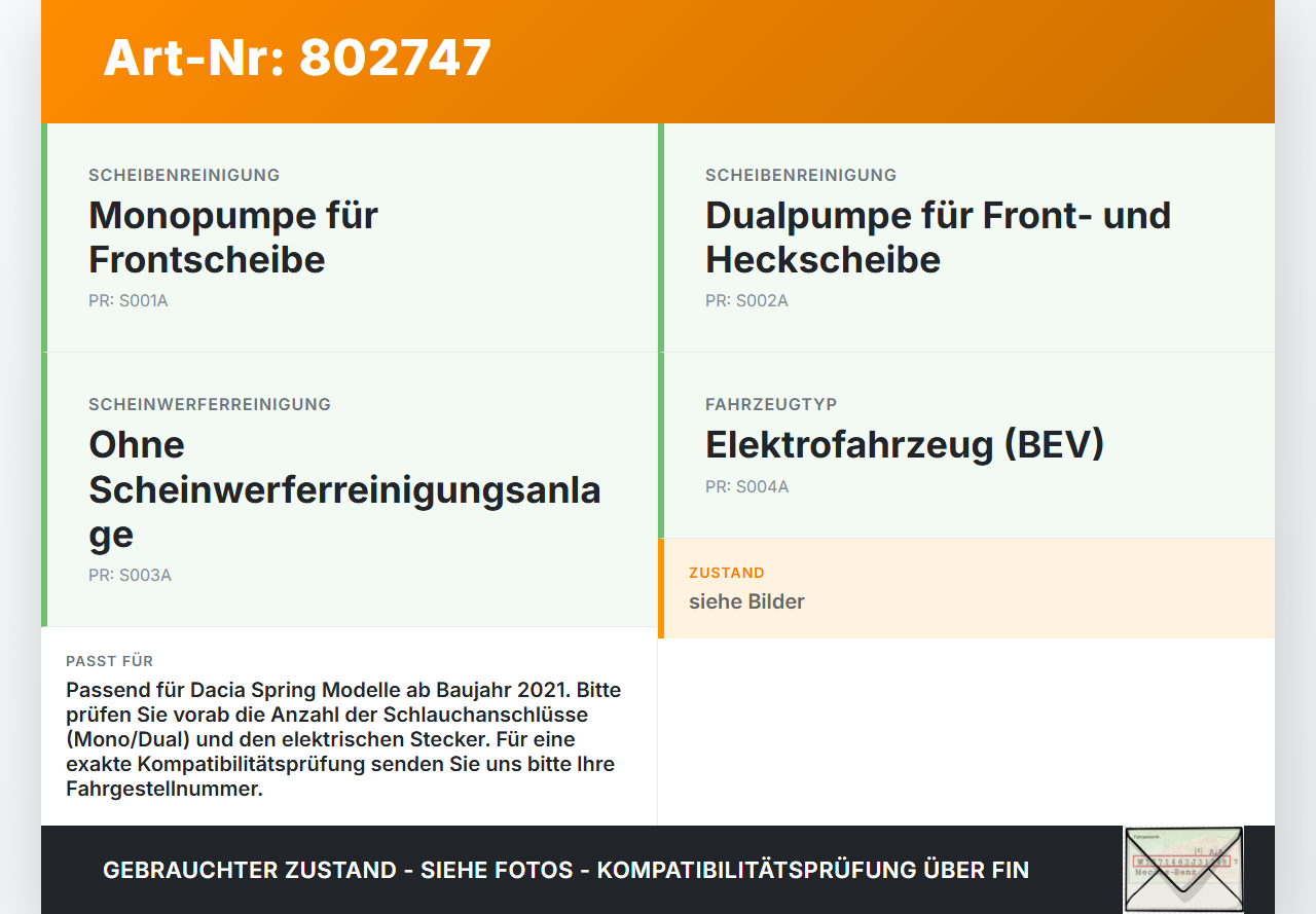 Dacia Spring BJ20 Waschwasserpumpe Waschpumpe Dacia Spring BJ20 01.02.2021 20210121 gebraucht Vorschau 3