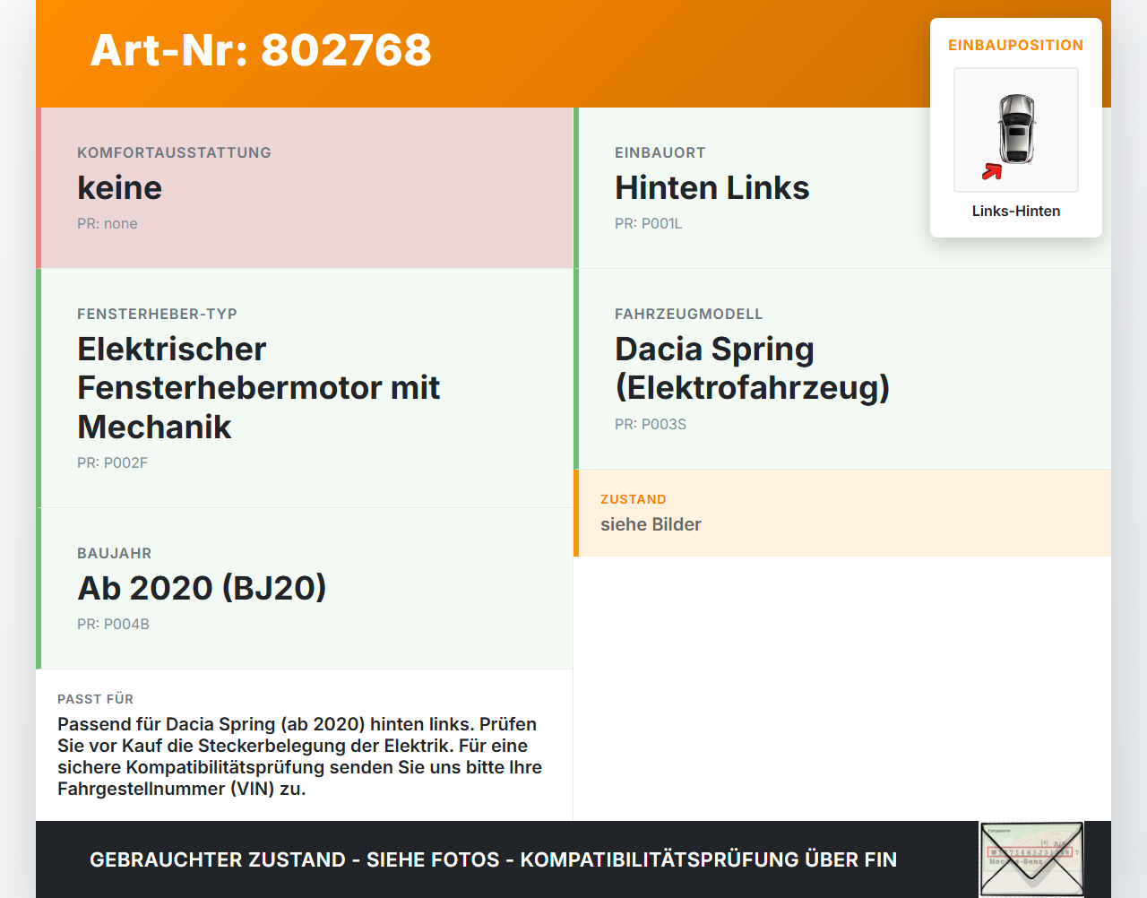 Dacia Spring BJ20 Fensterhebermotor mit Fensterheber Links Hinten Dacia Spring BJ20 01.02.2021 gebraucht Vorschau 3