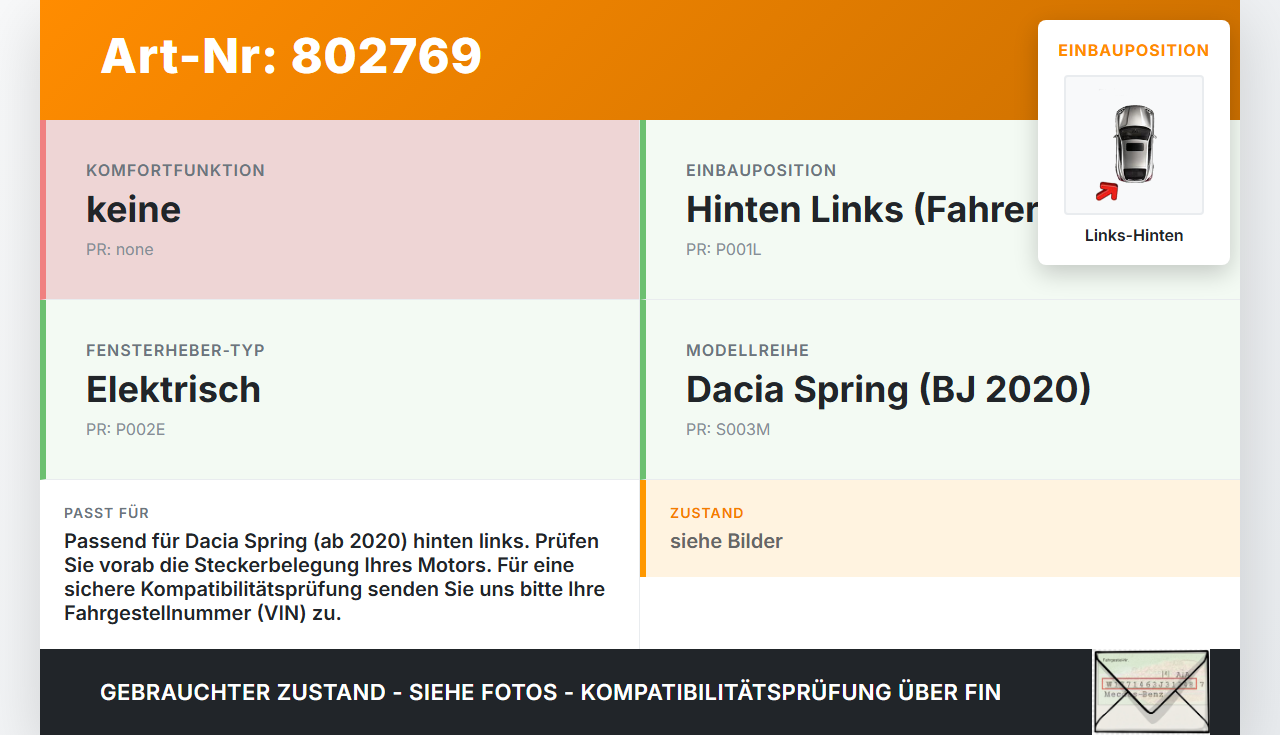 Dacia Spring BJ20 Fensterhebermotor mit Fensterheber Links Hinten Dacia Spring BJ20 01.02.2021 gebraucht Vorschau 3