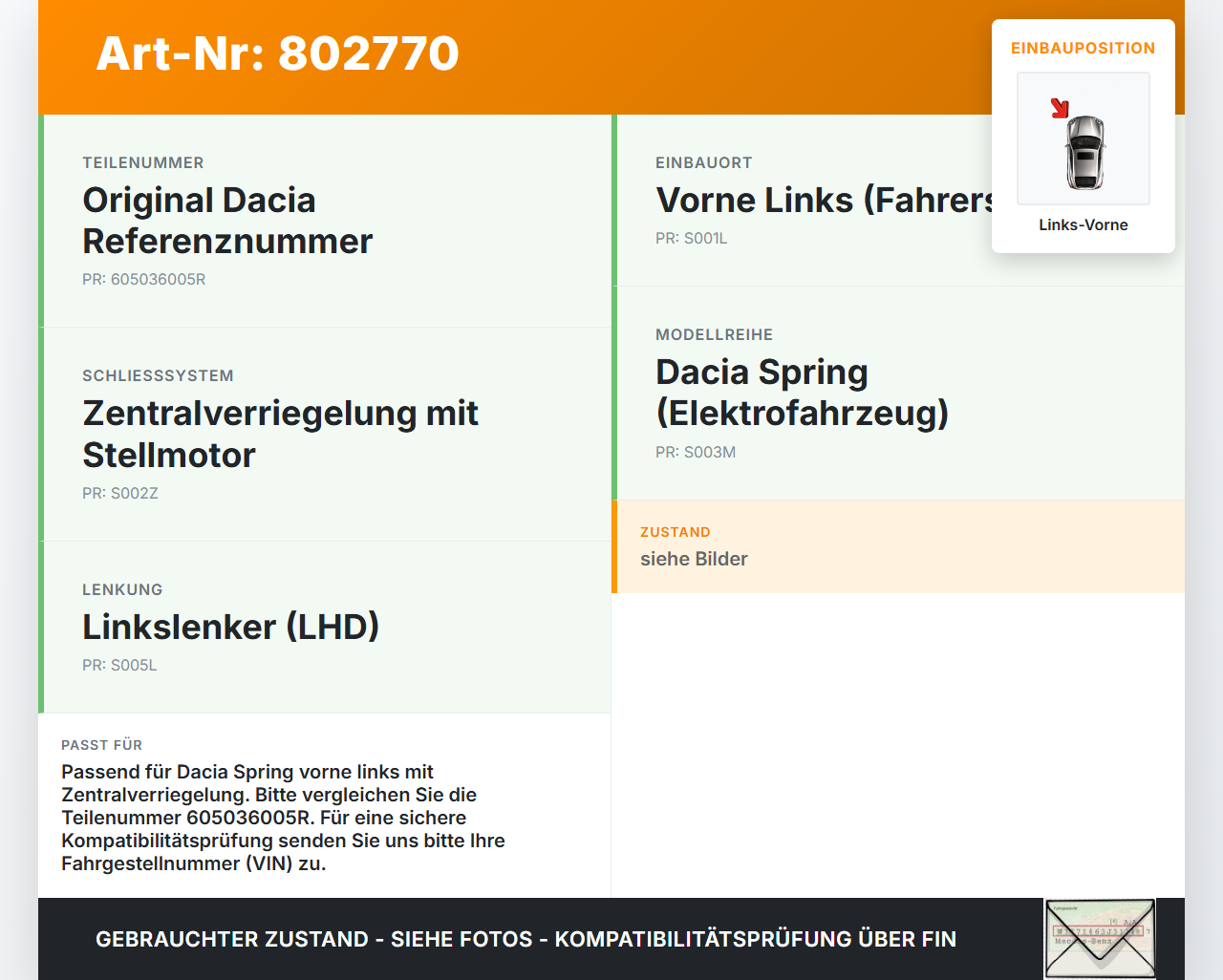Dacia Spring BJ20 Türschloss mit ZV Stellmotor Links Vorne Dacia Spring BJ20 01.02.2021 605036005R gebraucht Vorschau 3