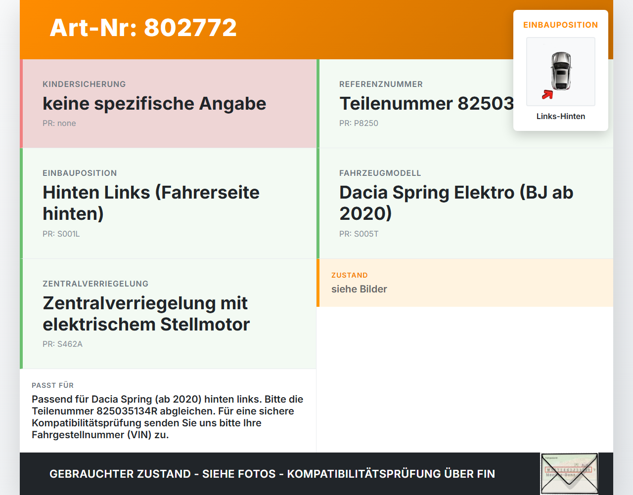 Dacia Spring BJ20 Türschloss m. ZV Stellmotor Links Hinten Dacia Spring BJ20 01.02.2021 825035134R gebraucht Vorschau 3