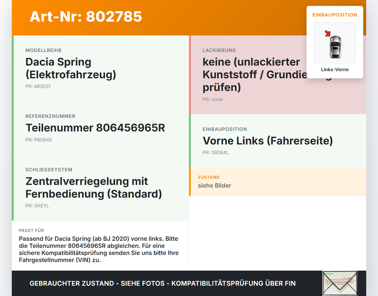 Dacia Spring BJ20 Türgriff Griff aussen Links Vorne Dacia Spring BJ20 01.02.2021 806456965R gebraucht Vorschau 3