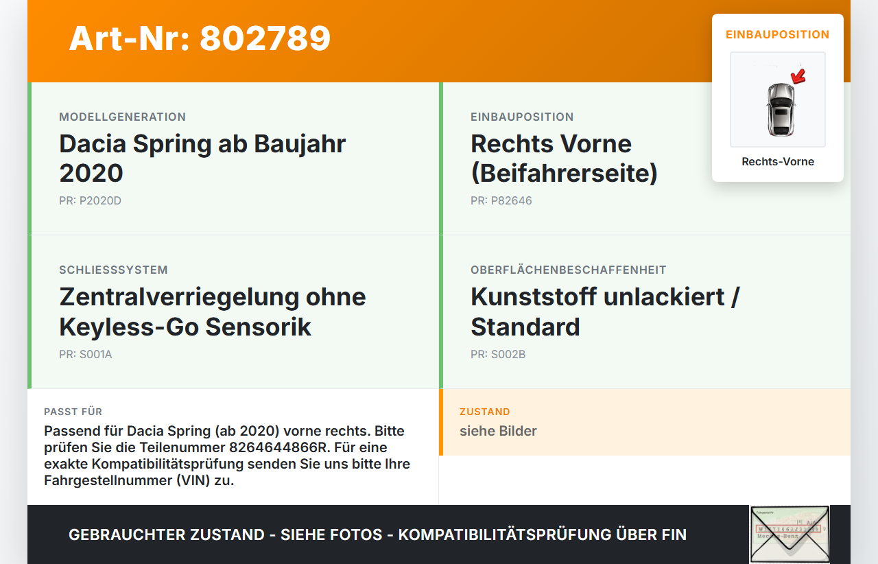 Dacia Spring BJ20 Türgriff Griff aussen Rechts Vorne Dacia Spring BJ20 01.02.2021 8264644866R gebraucht Vorschau 3