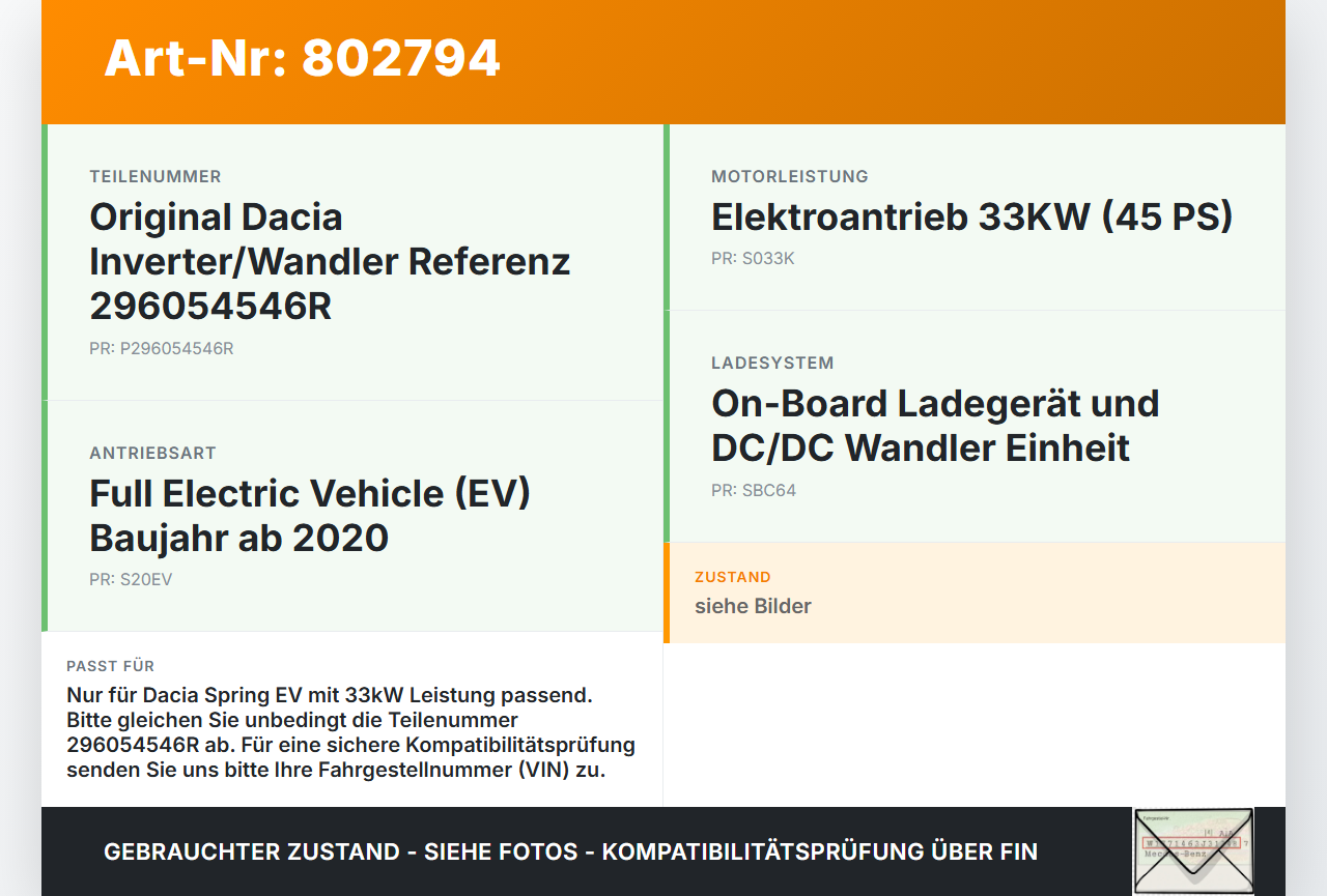 Dacia Spring BJ20  EV 33KW Ladegerät Strom-Wandler Inverter Dacia Spring BJ20 01.02.2021 296054546R gebraucht Vorschau 3