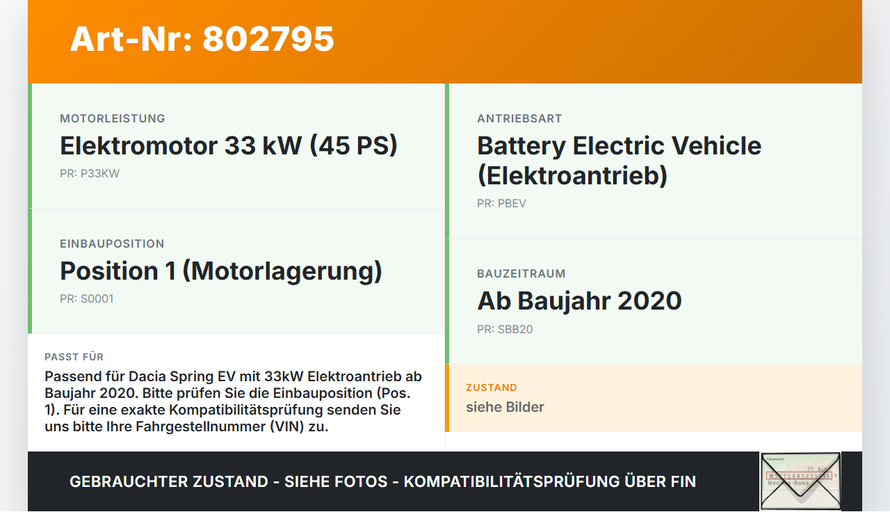 Dacia Spring BJ20  EV 33KW Motorhalter Motorlager Pos.1 Dacia Spring BJ20 01.02.2021 gebraucht Vorschau 3