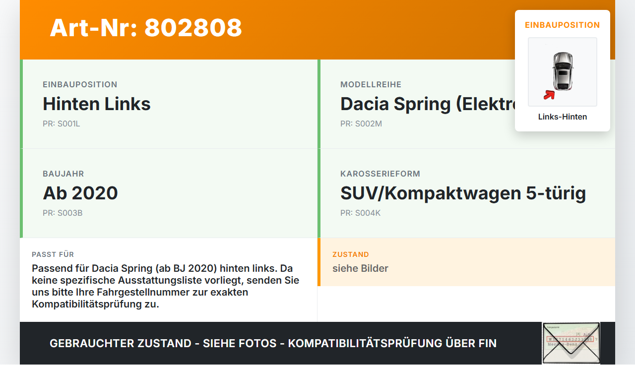 Dacia Spring BJ20 Türfangband Türbremse Türanschlag Links Hinten Dacia Spring BJ20 01.02.2021 gebraucht Vorschau 3