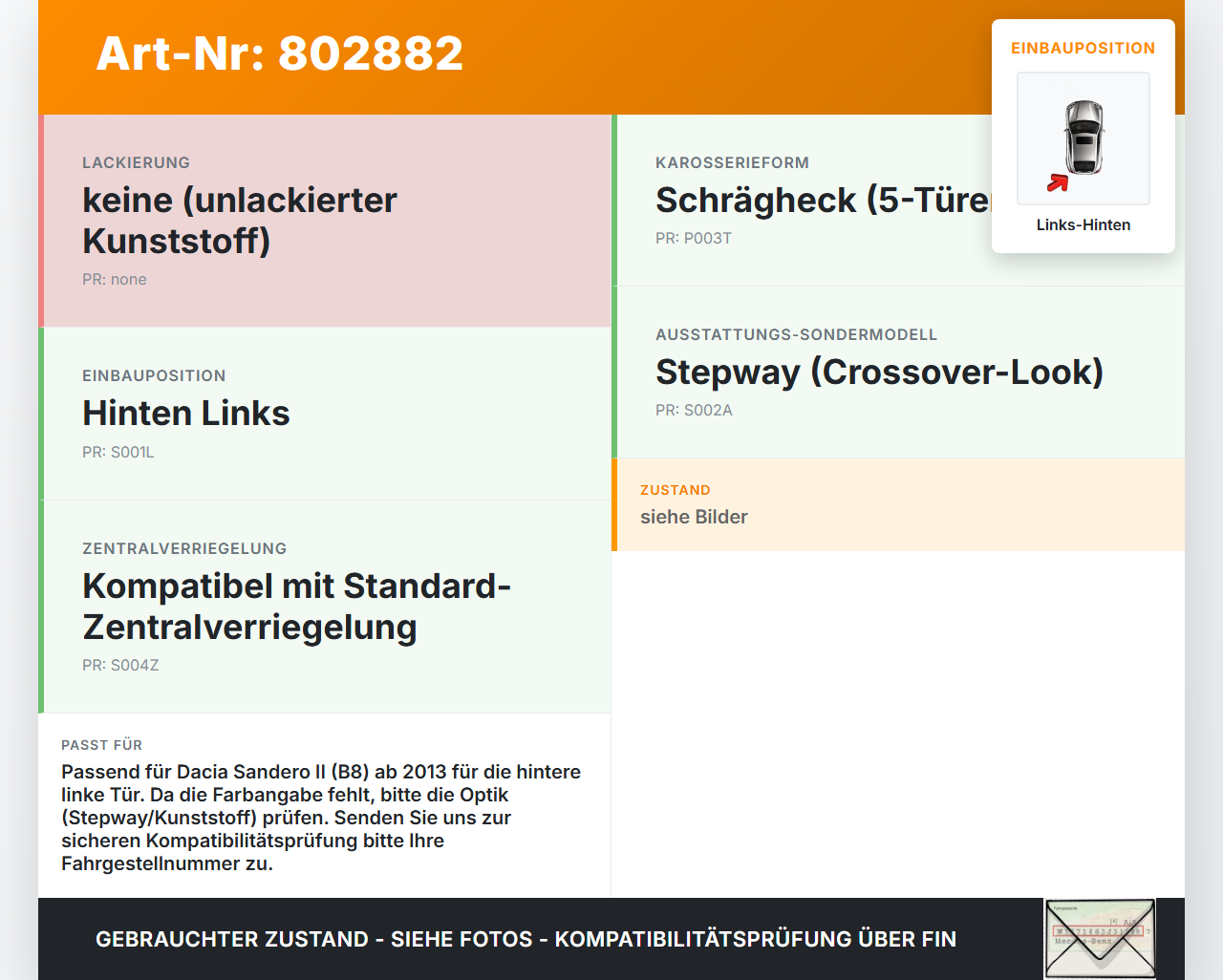 Dacia Sandero II 2 B8 13-17 Türgriff Griff aussen Links Hinten Dacia Sandero II 2 B8 13-17 02.02.2013 gebraucht Vorschau 3