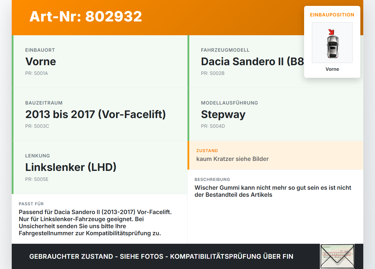 Dacia Sandero II 2 B8 13-17 2x Scheibenwischer Wischarm Vorne Dacia Sandero II 2 B8 13-17 02.02.2013 gebraucht Vorschau 3