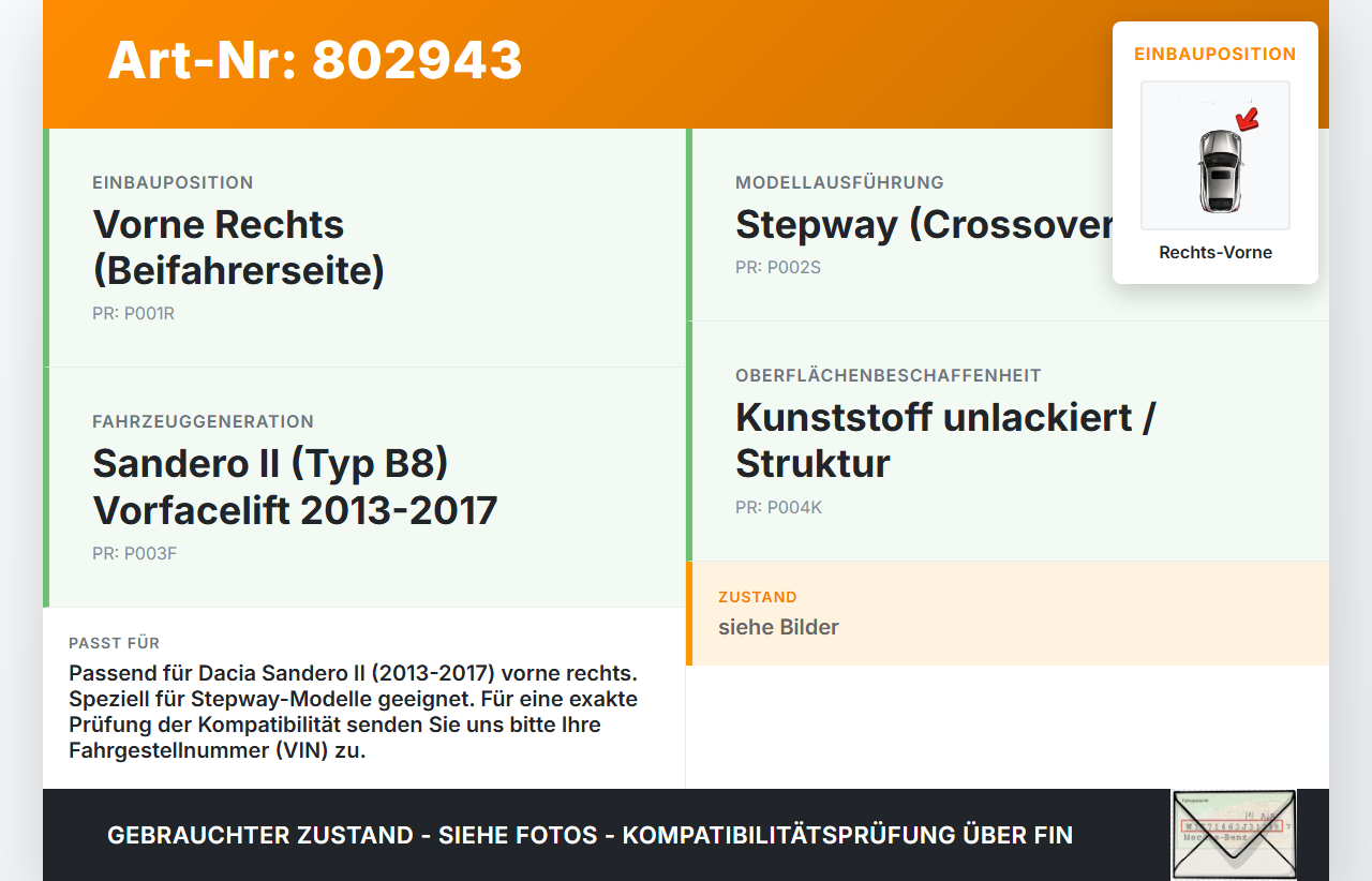 Dacia Sandero II 2 B8 13-17 Türgriff Griff aussen Rechts Vorne Dacia Sandero II 2 B8 13-17 02.02.2013 gebraucht Vorschau 3