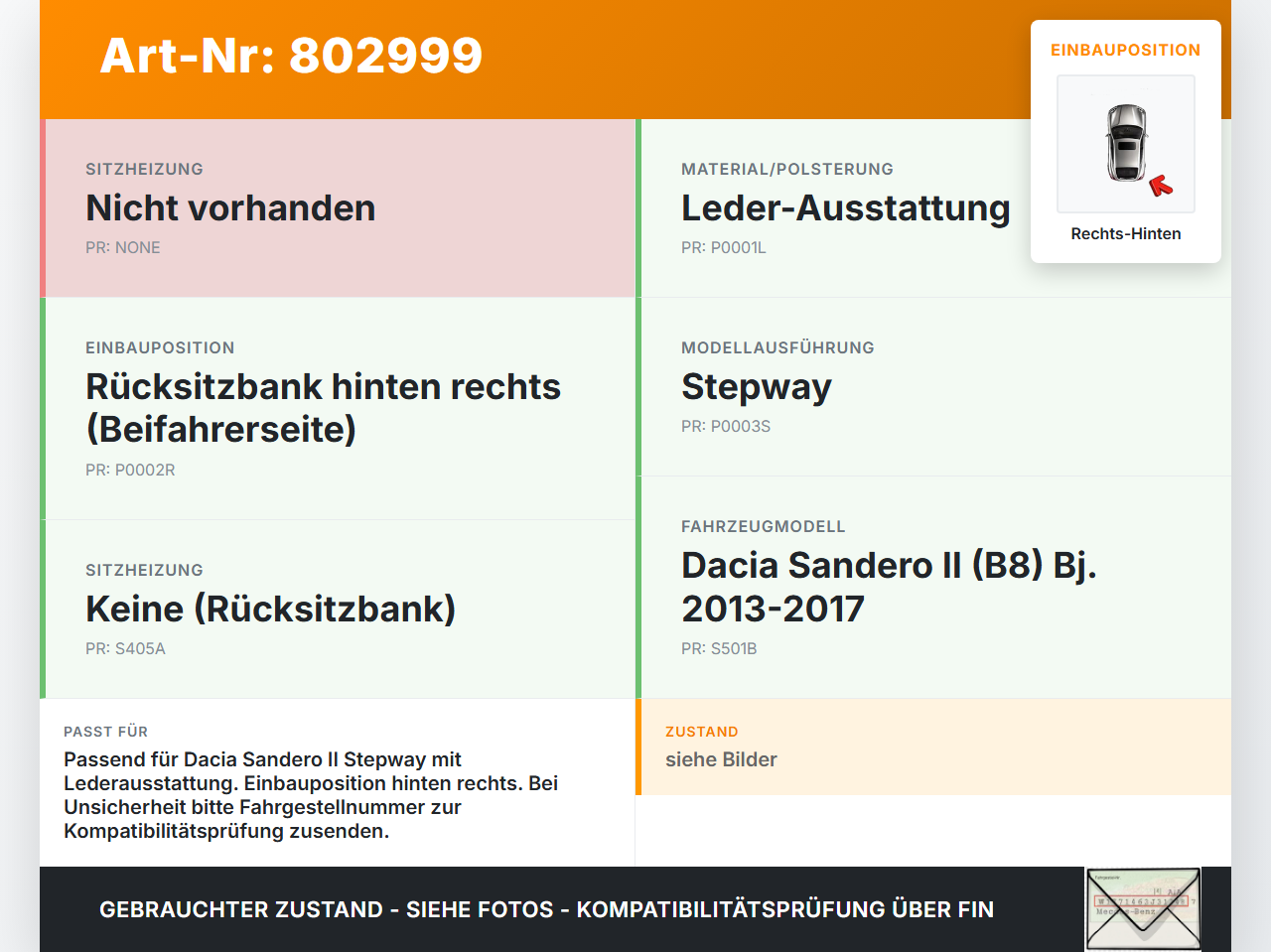 Dacia Sandero II 2 B8 13-17 Rückenpolster Leder Rechts für Rücksitzbank Hinten Dacia Sandero II 2 B8 13-17... Vorschau 3