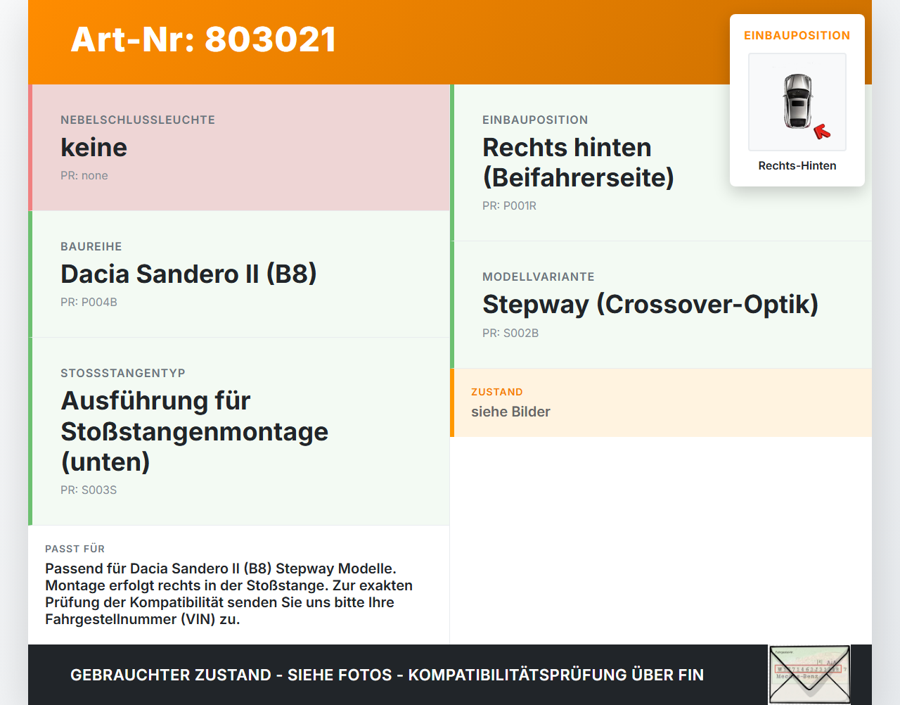 Dacia Sandero II 2 B8 13-17 Rückleuchte Rücklicht für Stoßstange Rechts Hinten orig Dacia Sandero II 2 B8 13-17... Vorschau 3
