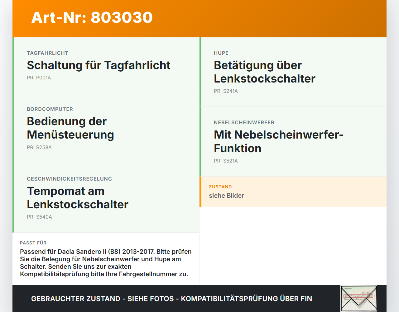 Dacia Sandero II 2 B8 13-17 Blinkerschalter Lenkstockschalter Blinker Dacia Sandero II 2 B8 13-17 02.02.2013... Vorschau 3