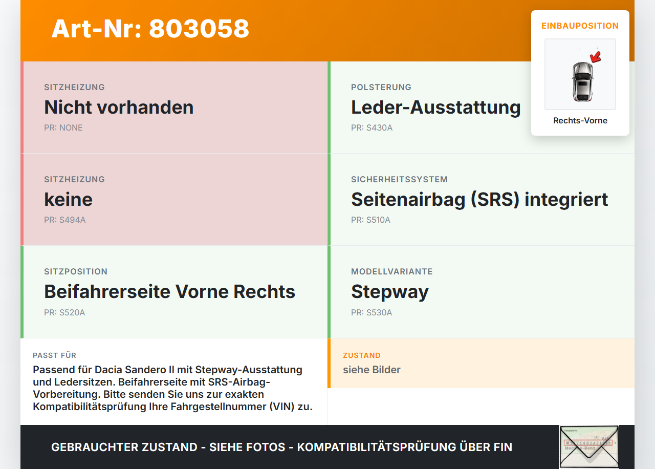 Dacia Sandero II 2 B8 13-17 Rückenpolster Leder Rechts Vorne für Beifahrer Sitz SRS Dacia Sandero II 2 B8 13-17... Vorschau 3