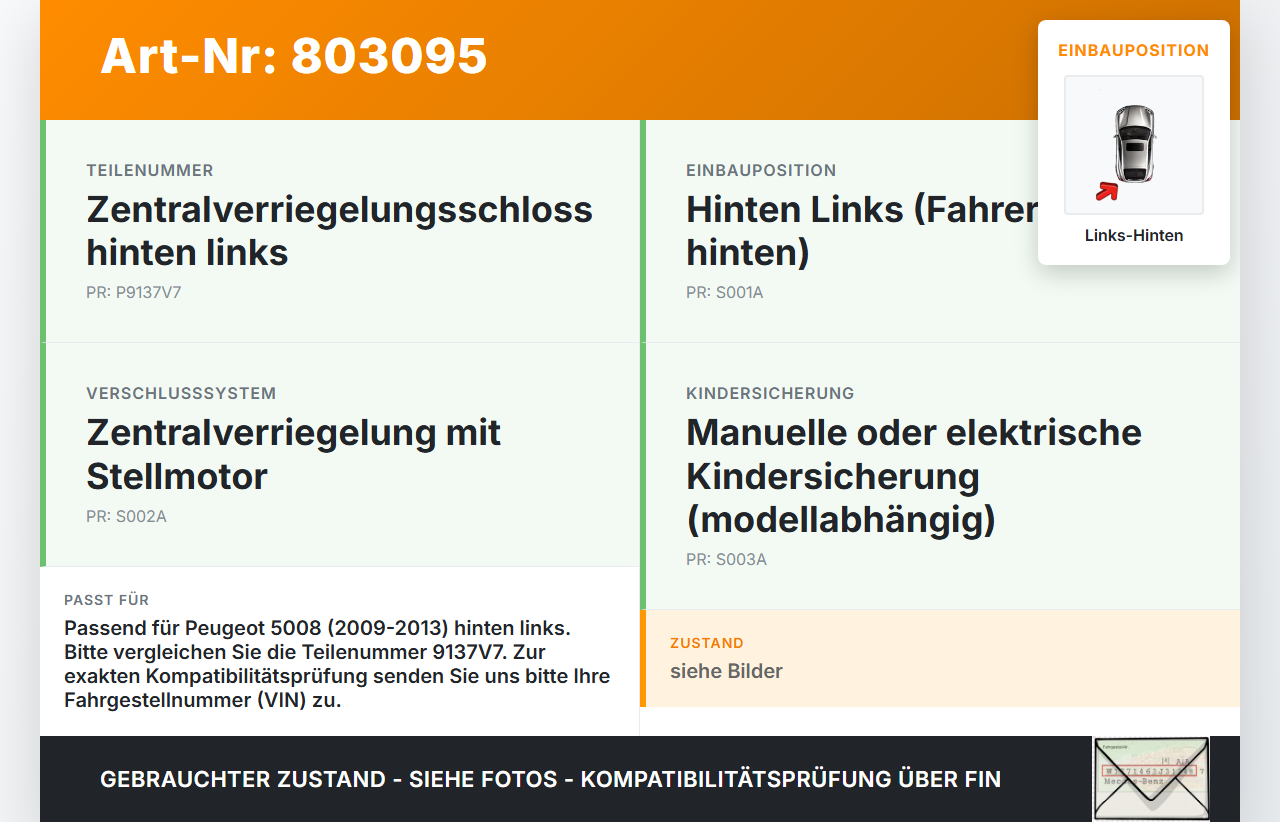 Peugeot 5008 09-13 Türschloss m. ZV Stellmotor Links Hinten Peugeot 5008 09-13 01.02.2010 732302 gebraucht Vorschau 3