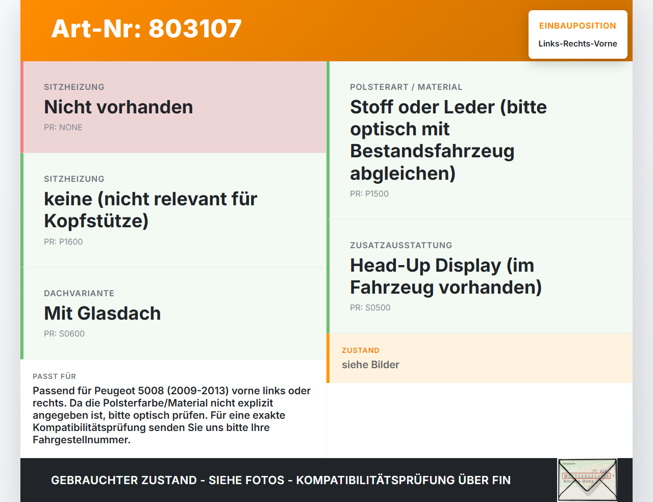 Peugeot 5008 09-13 Kopfstütze für Fahrer Sitz Rechts oder Links Vorne Peugeot 5008 09-13 01.02.2010 gebraucht Vorschau 3