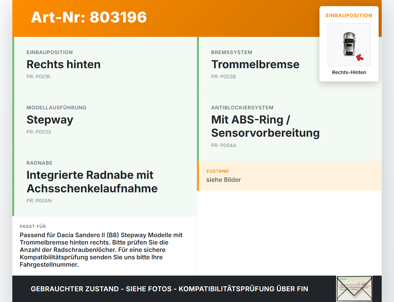 Dacia Sandero II 2 B8 13-17  dCi 1,5 66KW Bremstrommel Achsschenkel Radnabe Rechts Hinten Dacia Sandero II 2 B8... Vorschau 3