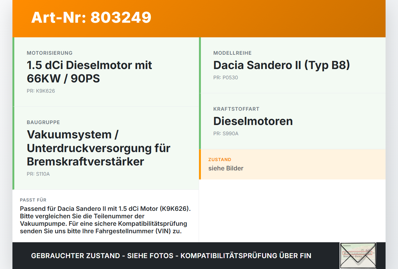 Dacia Sandero II 2 B8 13-17 dCi 1,5 66KW K9K626 Unterdruckpumpe Vakuumpumpe Dacia Sandero II 2 B8 13-17 02.02.2013... Vorschau 3
