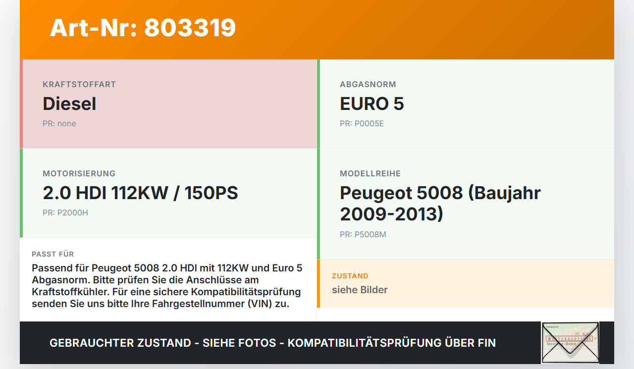 Peugeot 5008 09-13 HDI 2,0 112KW Kraftstoffkühler Kraftstoff- Kühler Peugeot 5008 09-13 01.02.2010 gebraucht Vorschau 3