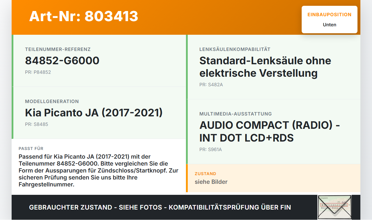 Kia Picanto JA 17-21 Verkleidung Abdeckung Unten für Lenksäule Kia Picanto JA 17-21 17.04.2018 84852-G6000 gebraucht Vorschau 3