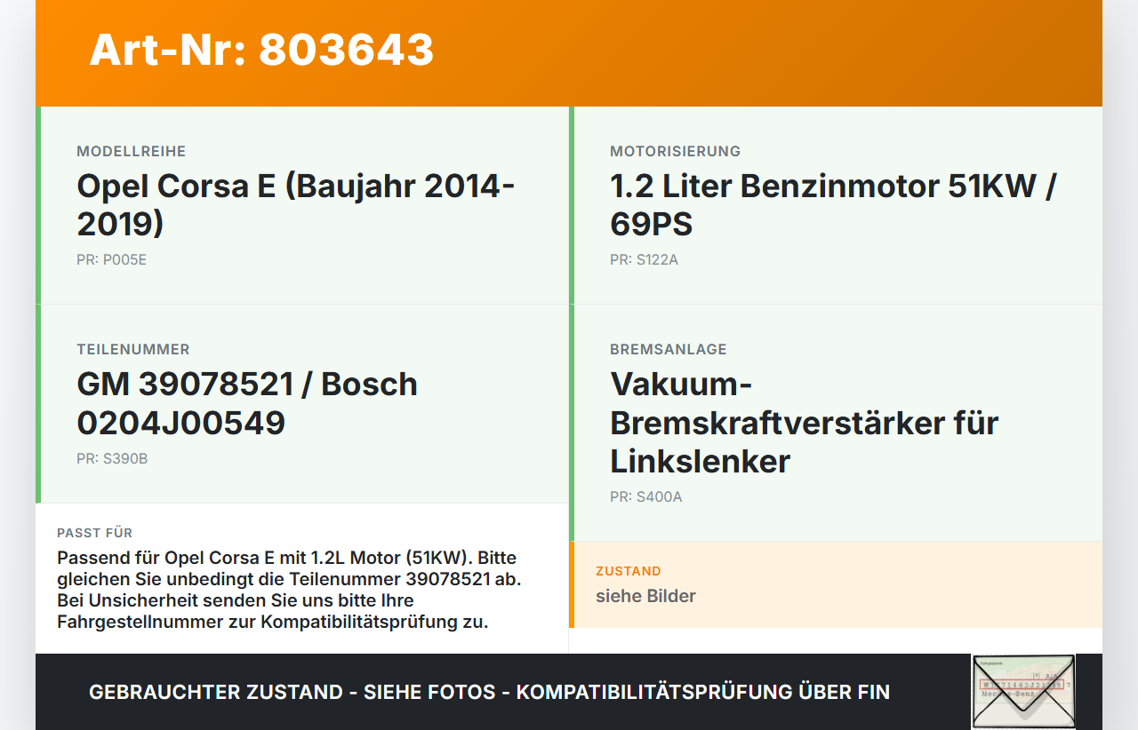 Opel Corsa E 14-19 1,2 51KW Bremskraftverstärker Opel Corsa E 14-19 16.05.2018 39078521 0204J00549 gebraucht Vorschau 3