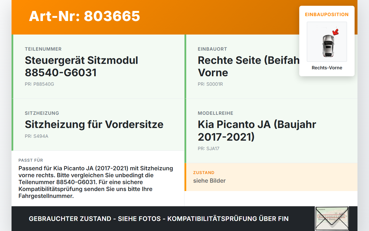 Kia Picanto JA 17-21 Steuergerät ECU Modul SG Sitzmodul Rechts Vorne Kia Picanto JA 17-21 17.04.2018 FR1802010379... Vorschau 3