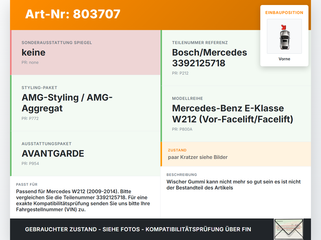 Mercedes W212 E350 09-14 2x Scheibenwischer Wischarm Vorne Mercedes W212 E350 09-14 04.06.2009 3392125718 gebraucht Vorschau 3