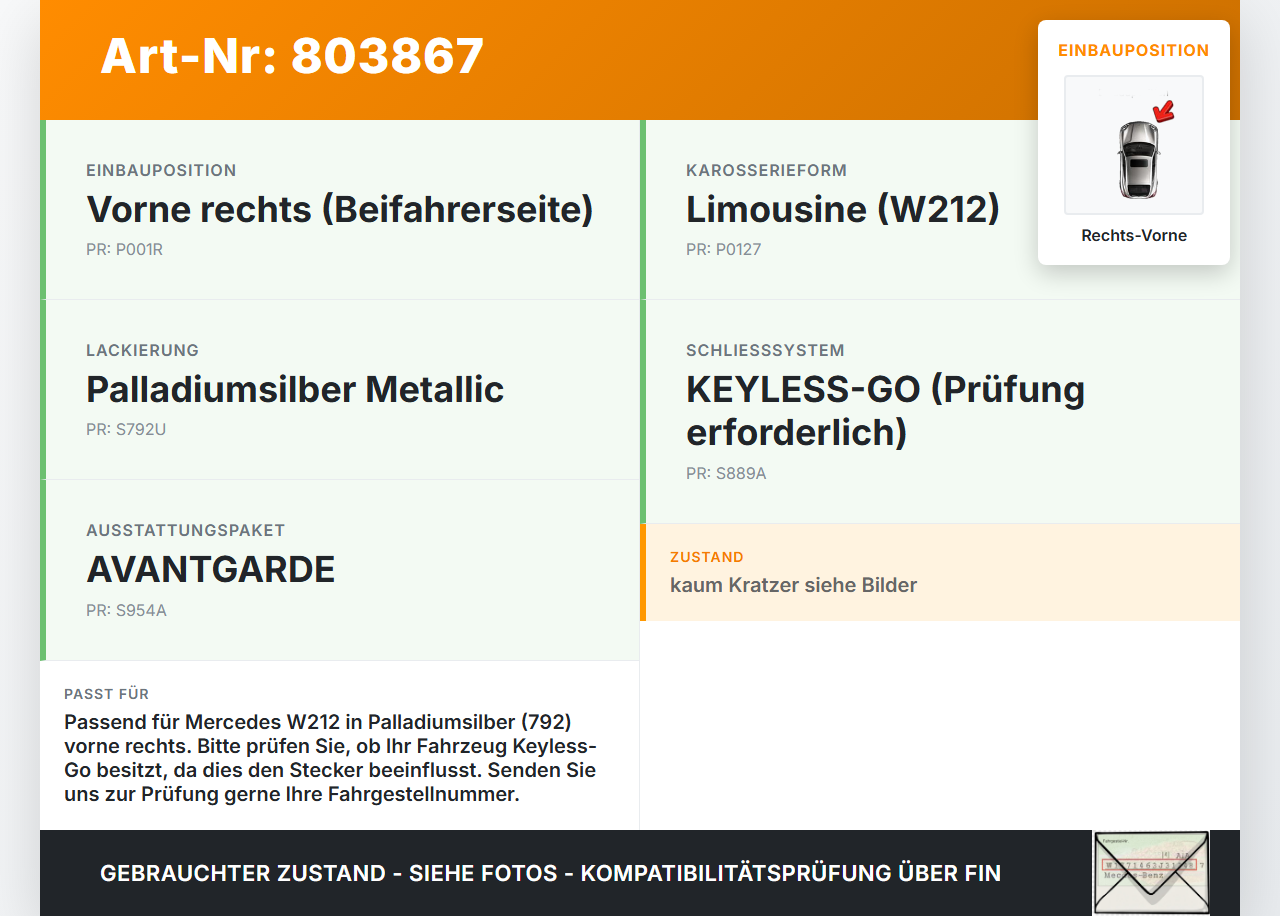Mercedes W212 E350 09-14 Lim Türgriff Griff aussen Rechts Vorne 792 Mercedes W212 E350 09-14 04.06.2009 A2127600434... Vorschau 3