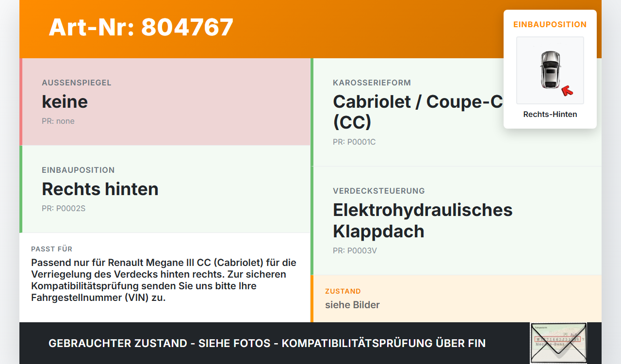 Renault Megane III CC 08-12 Cabriolet Verdeckverriegelung Rechts Hinten Renault Megane III CC 08-12 06.04.2011... Vorschau 3