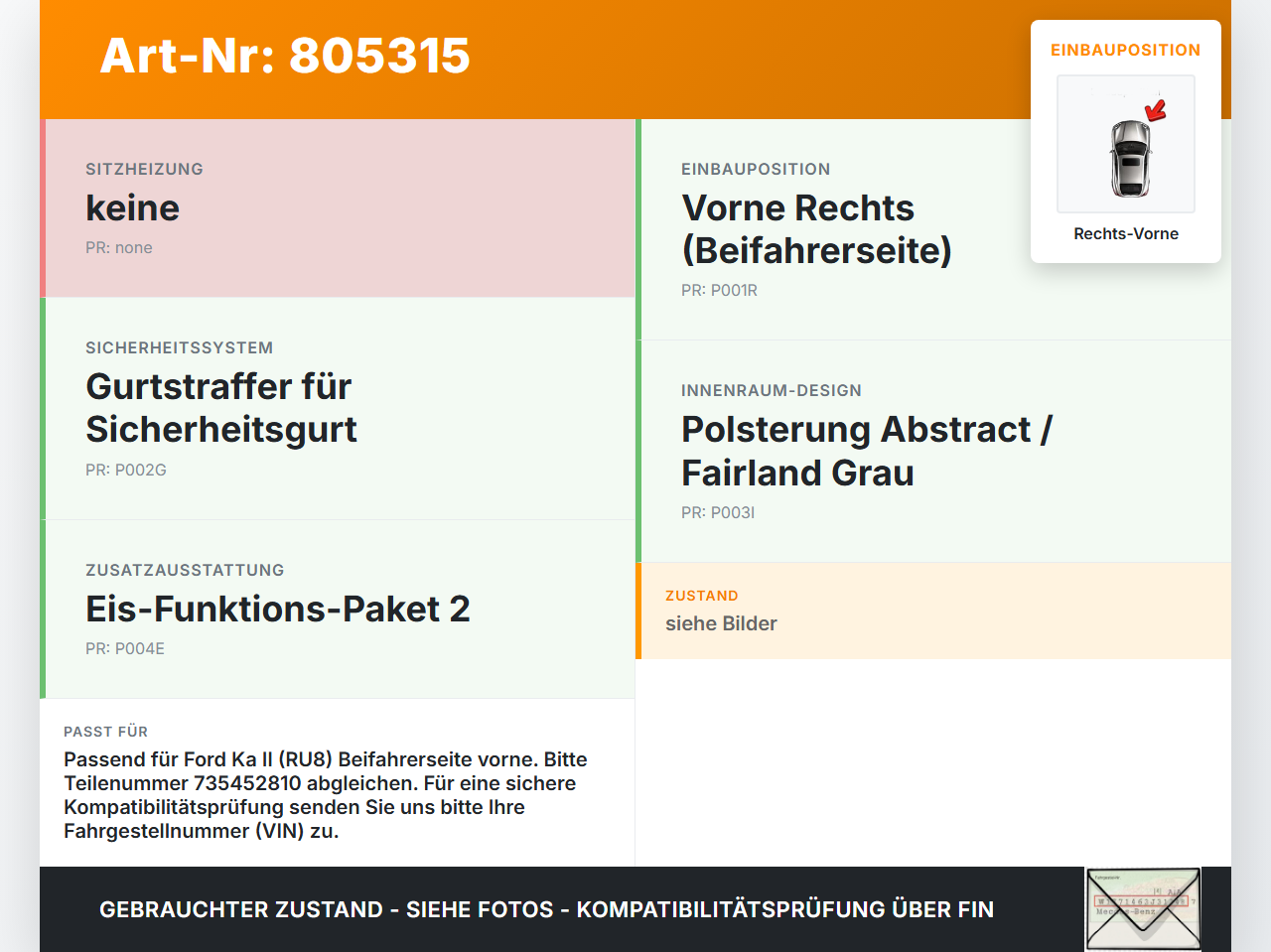 Ford Ka II RU8 08-16 Gurtstraffer Beifahrer Rechts Vorne Ford Ka II RU8 08-16 22.06.2009 735452810 07354528100 gebraucht Vorschau 3