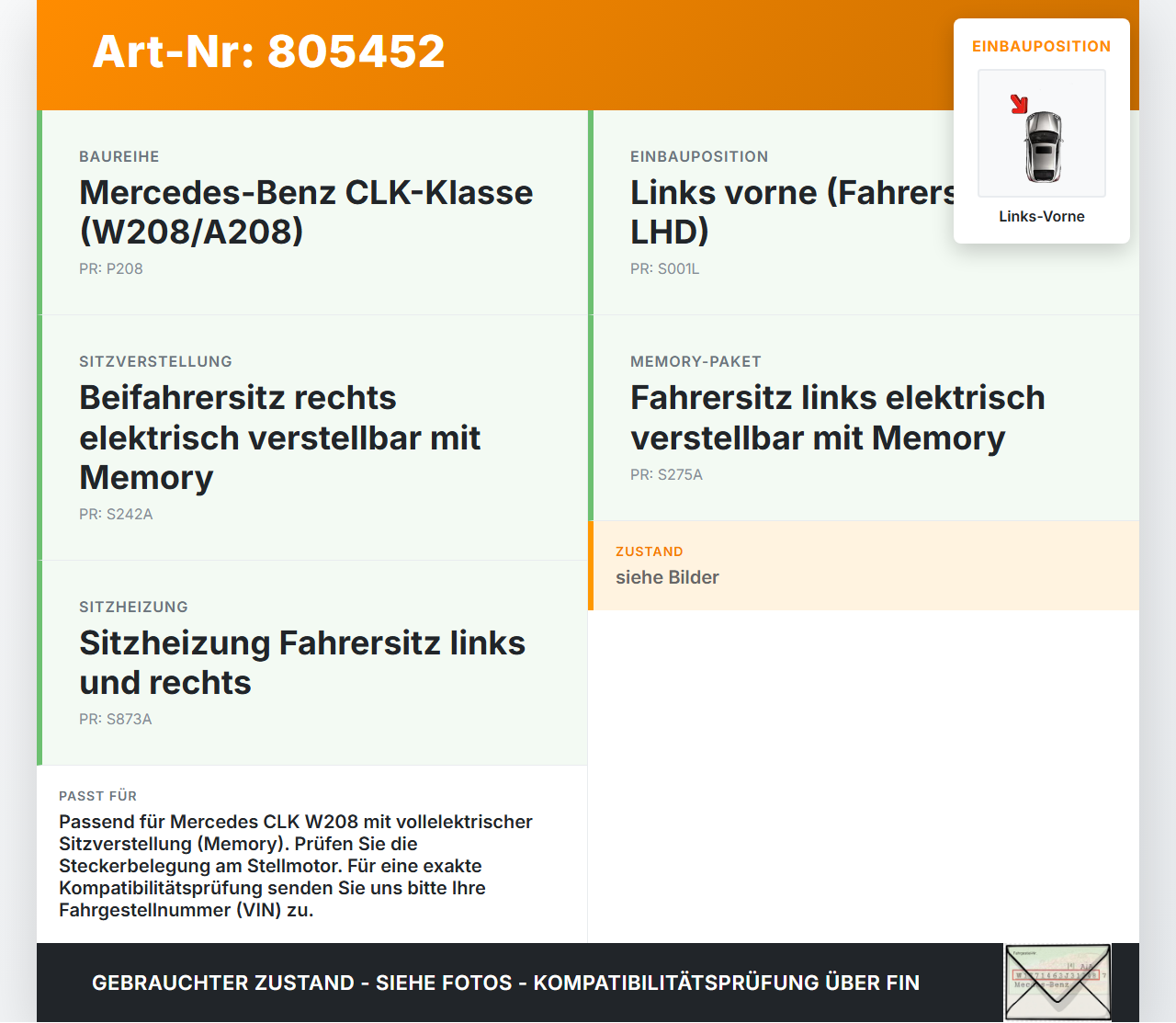 Mercedes CLK 320 A208 Stellmotor für Elektrische Lehnenverstellung Links Vorne Mercedes CLK 320 A208 12.03.1999... Vorschau 3