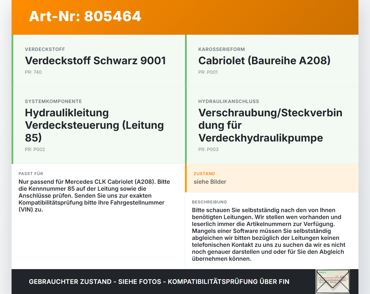Mercedes CLK 320 A208 Cabriolet Hydraulik Schlauch Leitung 85 für Verdeck Mercedes CLK 320 A208 12.03.1999 gebraucht Vorschau 3