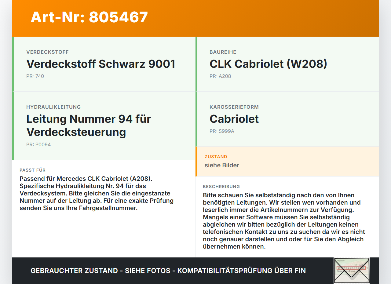 Mercedes CLK 320 A208 Cabriolet Hydraulik Schlauch Leitung 94 für Verdeck Mercedes CLK 320 A208 12.03.1999 gebraucht Vorschau 3