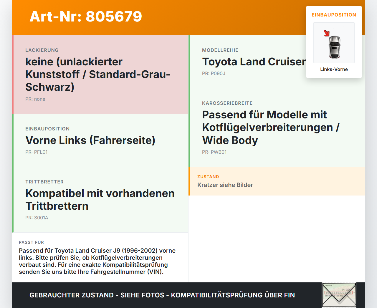Toyota Land Cruiser 90 J9 96-02 Schmutzfänger Vorne Links Toyota Land Cruiser 90 J9 96-02 01.02.2000 gebraucht Vorschau 3