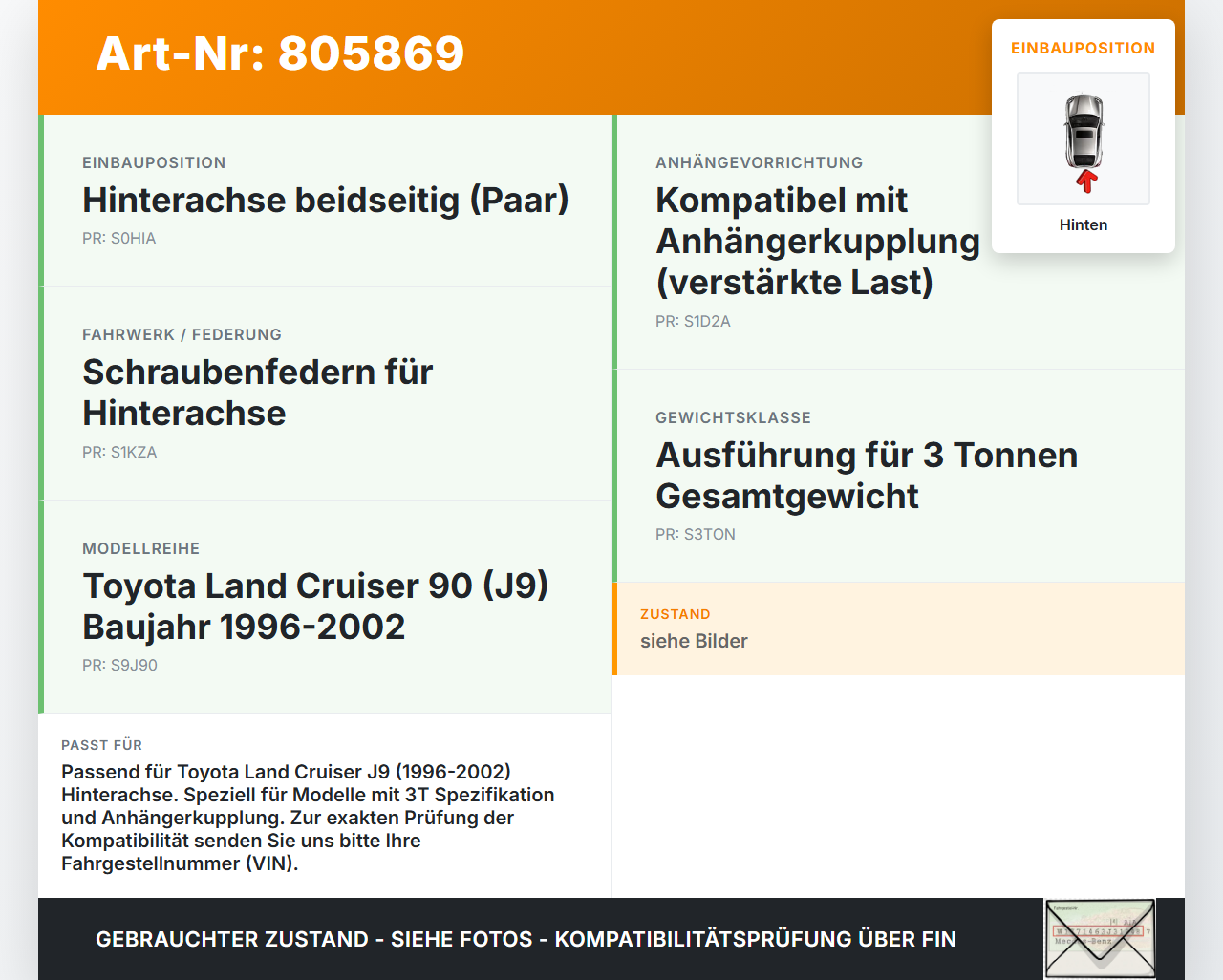 Toyota Land Cruiser 90 J9 96-02 3T Beide Feder Federn Hinten Toyota Land Cruiser 90 J9 96-02 01.02.2000 gebraucht Vorschau 3