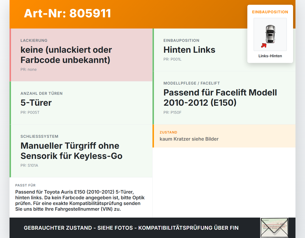 Toyota Auris ZW E150 10-12 5T Türgriff Griff aussen Links Hinten Toyota Auris ZW E150 10-12 14.04.2011 gebraucht Vorschau 3