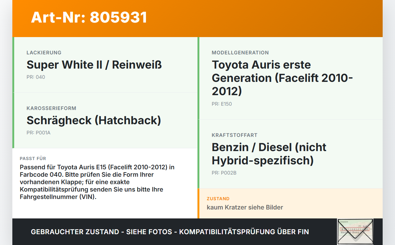 Toyota Auris ZW E150 10-12 Tankdeckel Tankklappe 040 Toyota Auris ZW E150 10-12 14.04.2011 gebraucht Vorschau 3