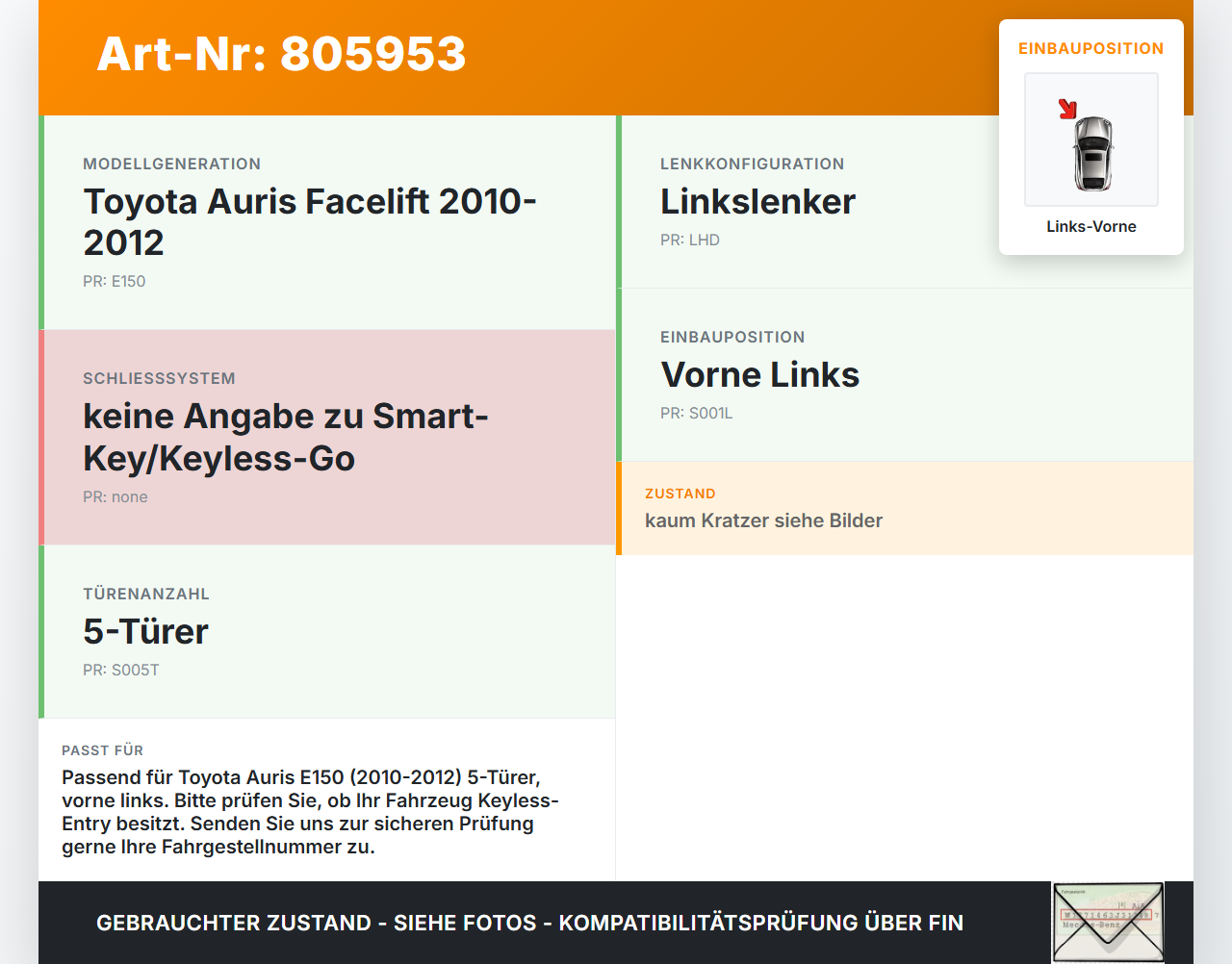 Toyota Auris ZW E150 10-12 5T Türgriff Griff aussen Links Vorne Toyota Auris ZW E150 10-12 14.04.2011 gebraucht Vorschau 3
