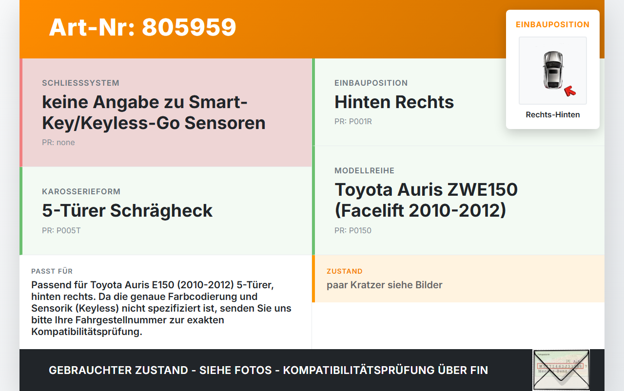Toyota Auris ZW E150 10-12 5T Türgriff Griff aussen Rechts Hinten Toyota Auris ZW E150 10-12 14.04.2011 gebraucht Vorschau 3