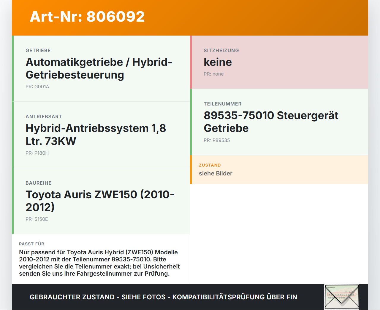 Toyota Auris ZW E150 10-12 Hyb 1,8 73KW Steuergerät für Getriebe SG Toyota Auris ZW E150 10-12 14.04.2011... Vorschau 3